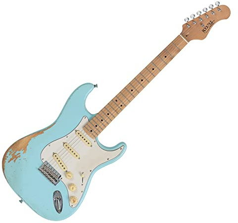 Rocktile Vinstage ST-RMGN E-Gitarre - Relic-Gitarre in Aged-Style - Korpus: Esche - Griffbrett/Hals: gerösteter Ahorn - 3x Single Coil Pickup - Vintage-Hardware - Bright Sky Blue | Modell: ST-RMGN, Serie: Vinstage, 4 kg, Anzahl Saiten: 6, Orientierung: Rechtshänder, Korpus, Korpusform: ST-Style, Hals