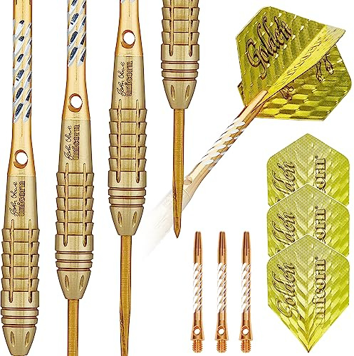 Unicorn Dartpfeile mit Stahlspitze, John Lowe World Champion Purist Player Development Lab, 90% goldene Wolfram-Barrels, 21 g, 23 g oder 25 g