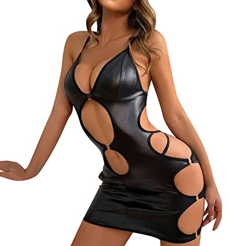 HOTSO PU Lackleder Korsettkleid, Damen Reizwäsche Latex Catsuit Dessous Jumpsuit Bodys Ausgehöhlt Lederkleid Bodysuit Masche Minikleid Pyjamas für Frau Liebhaber Hochzeitstag (Schwarz 1, 2XL-3XL)