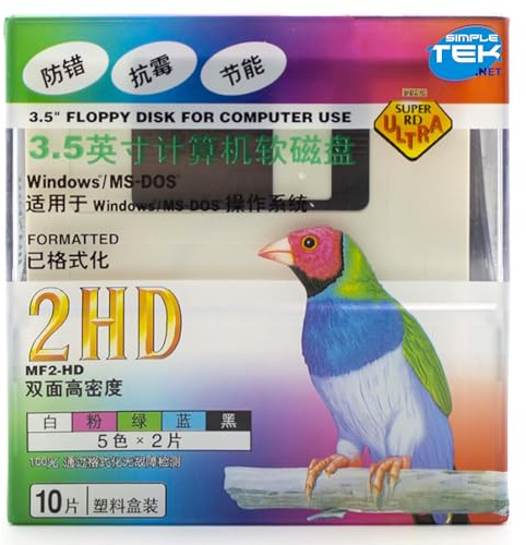 Simpletek - 10 x Floppy Disk 3,5 1.4MB MF2-HD, Formattati per MS-DOS e Windows, Alta Qualità