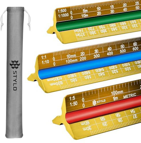 Arkitektvåg i aluminium – 30 cm laseretsad triangel utarbetande linjal med färgkodade spår för ritning, utarbetande – arkitektonisk våg (gul, metriska enheter)