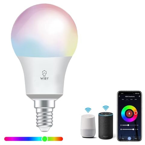 Wiby Lampadina LED Smart, Attacco E14, 8W RGBWW, Dimmerabile 2700K/6500K, 806lm, Compatibile con Alexa & Google Home, Controllo App, Wi-Fi 2,4 GHz, 1 unità