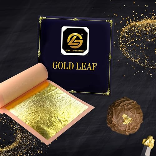 Gold leaf company 24 Karat Blattgold – Echtgold-Blätter, 5,1 x 5,1 cm, 25 Blatt Broschüre, Blattgold für Kunst, Kuchen, Schokolade, Dekoration, Make-up, Gesundheit und Spa, Vergoldung, Basteln (25)
