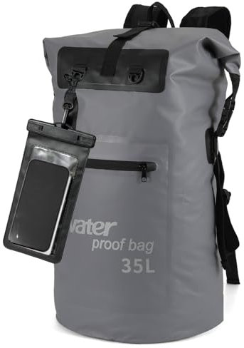 WELDUN Waterproof Backpack 35L/50L Dry Bag, Rolltop Bag Dry Bag Rucksack with IPX8 Phone Case, for Boating, Kayaking, Hiking, Camping, Fishing, Rafting, 35L Gray