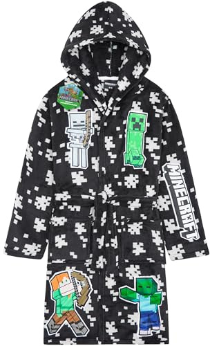 Get Trend Minecraft-morgonrock pojkar och tonåringar, fleece huva badrock, Creeper myskläder nattkläder, spelare gåvor för pojkar, Svart Minecraft, 9-10 Years