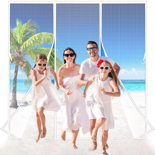 Zephra Double Door Magnetic Fly Screen, 300x210 cm Mesh Curtain with Powerful Magnets, Snap Shut Automatically, Double Opeing Magentic Screen Door for Sliding French Patio Door White