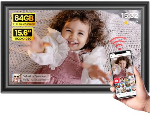 64GB 15.6 Frameo Digital Photo Frame WiFi Black - 1920 * 1080P FHD IPS Touch Screen Large Electronic Picture Frames, Auto Rotate, Wall Mountable, Sharing Photos and Videos
