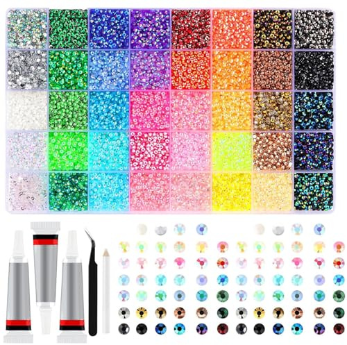 Peosaard Bedazzled ädelstenar, 32 000 st resinstrass Bedazzling Kit med 3 st 10 ml lim, 0,3 cm färgglada strass Bedazzler Kit för hantverk, kläder, muggar, skor, tyg, nagelkonst, 40 färger