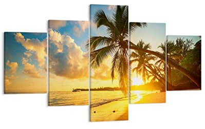 ARTTOR Bilder auf Leinwand 125x70cm Wandbild Landschaften Natur - 3922 | Meer Strand Palme Mehrteilige Klein Wanddekoration Wohnzimmer Schlafzimmer Wanddeko Wand Kunstdruck Wandkunst ARTTOR