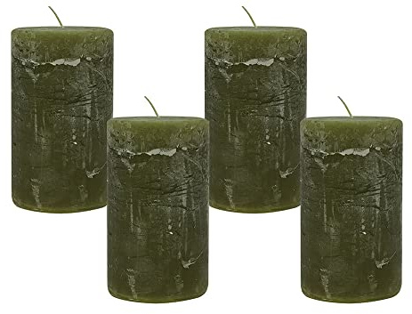 4 Rustic Stumpenkerzen Premium Kerze Dunkelgrün Oliv 7x12cm - 55 Std Brenndauer