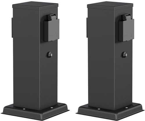 ledscom.de 2X Garten-Steckdosensäule Polly IP44, 2-Fach Schuko, mit Dämmerungssensor für Gartenbeleuchtung, Edelstahl, schwarz, eckig, 27 cm