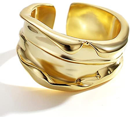 NDYD S925 Sterling Silber Handgemachter Breiter Konvexer Bandring, Handgemachter Gold Gefüllter Gehämmerter Ring, Einfacher Klassischer Minimalistischer Daumenring, Geschenk Für Sie,Gold