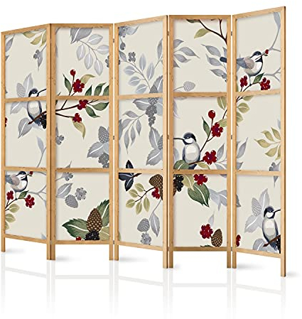 murando - Paravent Innen Raumteiler Holz Vogel Wald Blätter Botanik 225x172 cm 5-teilig Japanische Trennwand Raumtrenner Room Divider Mobiler Sichtschutz Spanische Wand Raum Abtrennung b-B-0593-z-c