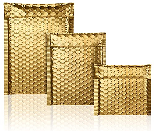50 Pieces Bubble Mailers 3 Sizes Self Seal Adhesive Poly Mailers Metallic Foil Glitter Padded Shipping Bubble Envelopes for Valentine Mailing Packing Small Business(Gold)