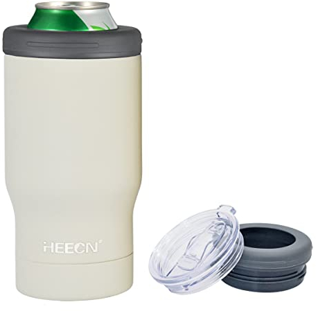 HEECN Vacuum Beer Cooler - Can and Bottle Holder - Cooler Sleeve - Insulated Mugs with Lid and Bottle Opener (White)