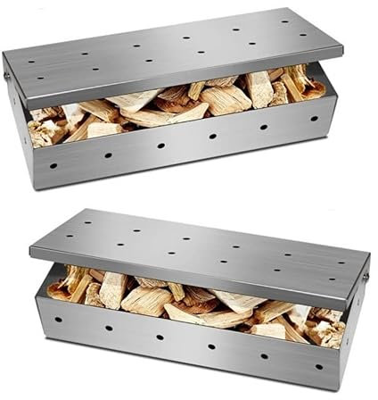 2 x Räucherbox aus Edelstahl für BBQ | Smokerbox 22x9,5x4,4cm mit praktischem Klappdeckel für Gas- und Holzkohlegrills | Räucherchips | verleiht ein rauchiges Aroma | belüfteter Deckel | Grillzubehör