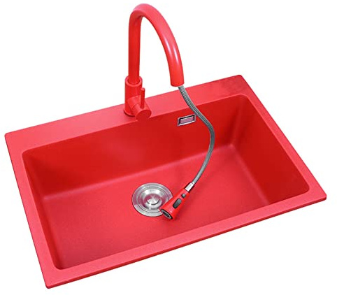 Red Granite Kitchen Sink Single ​Bowl ​ Built-in Undercounter Wash Basin Household Quartz Stone Bar Sink for Kitchen Bathroom Cloakroom Balcony Laundry(D,50x43cm)