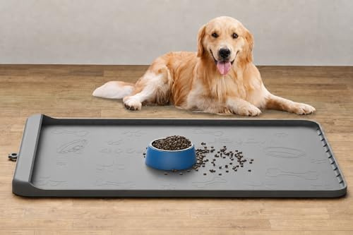 Hundefuttermatte, 91,4 x 61 cm – Silikon-Hundematte für Futter und Wasser, große Futtermatten mit Rückstandssammeltasche, wasserdichte Hunde- und Katzennapfmatte mit hohen Kanten, um Verschütten von