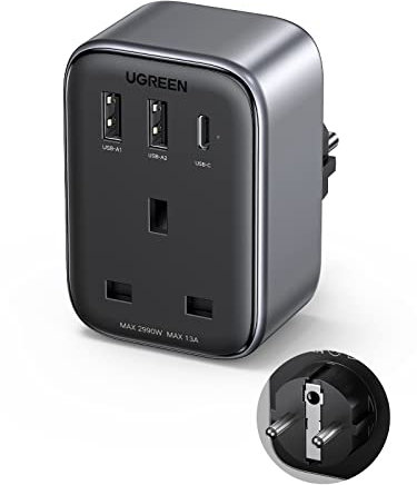 UGREEN UK to European Plug Adapter PD 30W Travel Adapter with USB C GaN Fast 4-in-1 Travel Plugs UK to EU for Germany France Spain Iceland Greece Poland Portugal Austria Netherlands Turkey