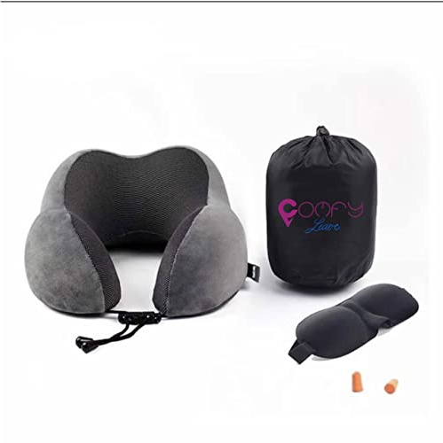 COMFY Leave Coussin de Voyage (Avion, Voiture) Mémoire de Forme pour Cou - Oreiller Ergonomique Bien-Être, Détente, Relaxation Anti-Douleurs Cervicales + Masque, Bouchons d'oreilles, Sac