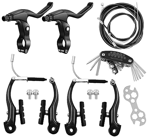 Hmfmdy Fahrradbremsen-Set, Bremsen-Set für die meisten Fahrräder, Mountainbikes, universelle MTB-Hybridbremse vorne und hinten, Bremssattel-Kabel-Hebel-Set, Multi-Tool-Schraubenschlüssel – Schwarz