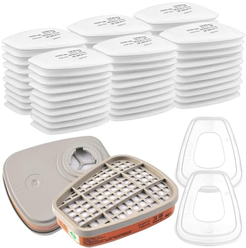 6001 Filtro per Respiratore Set, Filtri cotone Replacement per Protezione del Viso, con 60 Filtro in Cotone, 2 Filtri e 2 Tappo, per Antipolvere e Protezione Verniciatura Riutilizzabile