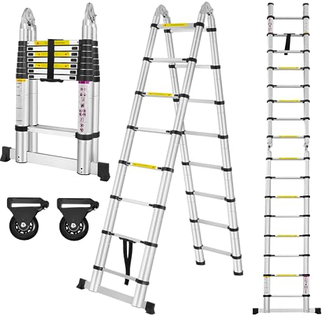 SUBTLETY Teleskopleiter 5m Klappleiter aus Aluminium Ausziehbar Multifunktions Leiter 16 Stufen Ausziehleiter mit Rutschfestem Gummi Mehrzweckleiter Aluleiter Belast bis 150KG (Silber, 2.5m+2.5m)