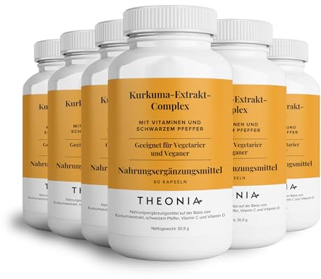 Complément alimentaire Complexe à l'extrait de curcuma de Theonia - Vitamine D3 et C, Poivre noir - Contribue à la bonne santé des muscles, des articulations et des os - 360 gélules - 200 mg