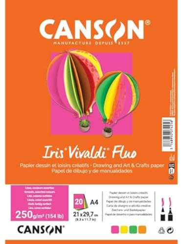 Canson Iris Vivaldi Farbpapier DIN A4, 250 g/m², 20 Blatt, sortiert in 4 Neonfarben