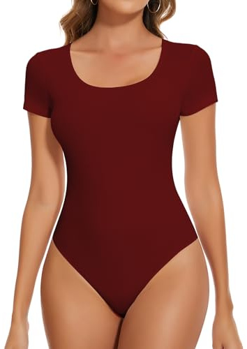SHAPERIN Kortärmad bodysuit dam rund hals ett stycke bodysuit ledig topp blusar blusar topp, rödvin, S