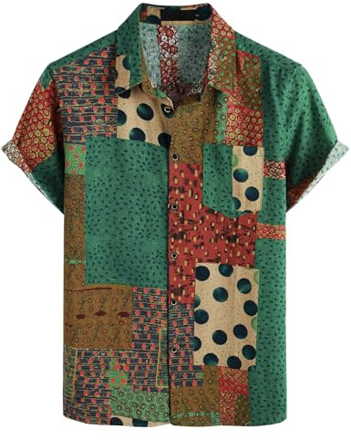 PARKLEES Men's Casual Linen Breathable Short Sleeve Button up Hawaiian Shirts Hipster 70s Hippie Tops Green X-Large