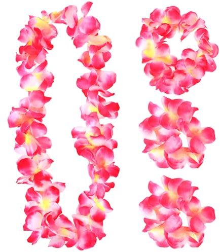 4 Stück Hawaii Kette Blumen, Bunte Hawaiianische Girlande Künstliche Hawaii-Blumen Girlanden mit Rüschen Halskette Haarband Girlande Handgirlanden-Set für Erwachsene Strandparty-Zubehör (Rosa)