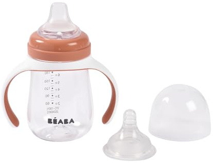 BEABA, Bicchiere Salvagoccia Per L'apprendimento 2 In 1, Tazza Con Cannuccia Per Bambini, 100% Antigoccia, Facile Da Aprire, Manici Rimovibili, Tritolo E Silicone, 210 Ml, Terracotta