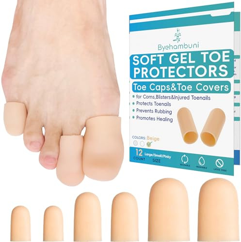 Byehambuni Silicone Toe Protectors - 12 Pack Gel Toe Caps - Toe Covers for Women - Toe Cushions for Pain Relief, Corns, Calluses, Blisters, Missing or Ingrown Toenails, Reusable - Beige (4L+4S+4Pinky)