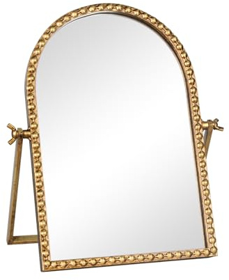 GIFTTROVE Vintage Desk Makeup Mirror, 11.8 L x 7.9 W Antique Gold Vanity Table Mirror, Metal Framed Arched Small Standing Mirrors with Beaded, 360 Adjustable Rotation for Tabletop, Bedroom