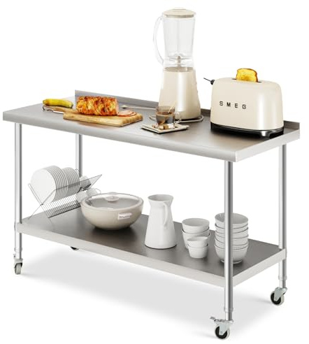 FIDOOVIVIA Commercial Work Table - Stainless Steel, 3.5CM Backsplash, Heavy Duty Kitchen Prep with 4 Wheels & Bottom Shelf, 150 x 60 x 80cm