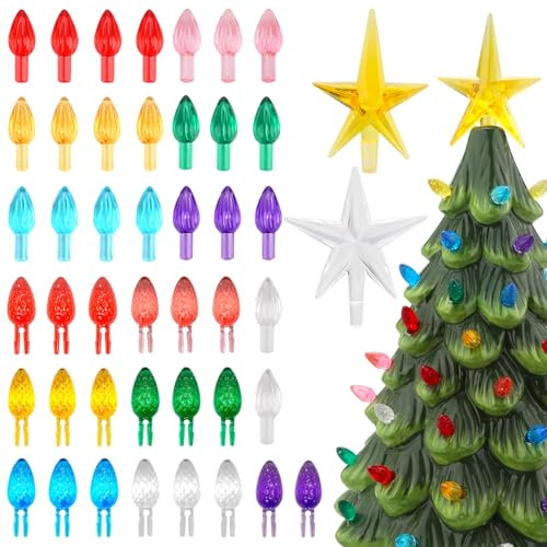 84Pcs Multicolor Ceramic Christmas Tree Replacement Light Bulbs Medium Twist Light Ornaments,2Pcs Topper Stars for Ceramic Christmas Tree