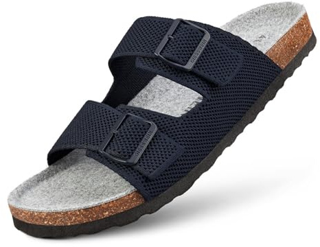 GIESSWEIN Merino Slides Men - Pantolette mit ergonomischem Korkfußbett - Komfort Sandale mit stufenlos verstellbaren Riemen aus Ajour-Strickstoff - Slipper mit angenehmer Merino Decksohle