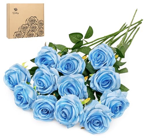 Woltoy 12 Pcs Artificial Roses, Long Stem Fake Artificial Flowers Natural and Real, Silk Roses for Garden, Wedding, Bouquet Table Centerpiece, Home Decor