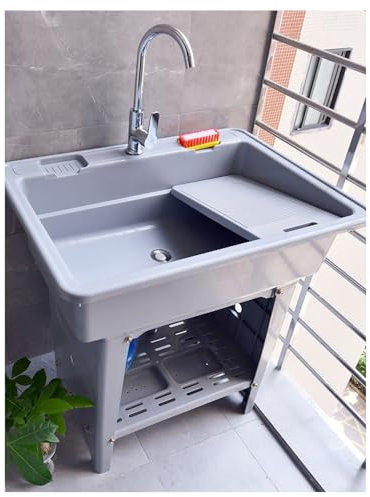 Laundry Tub with Stainless Steel Faucet Freestanding Utility Sink for Indoor and Outdoor Use Cold and Hot Water Faucet Included Grey 80 * 50cm