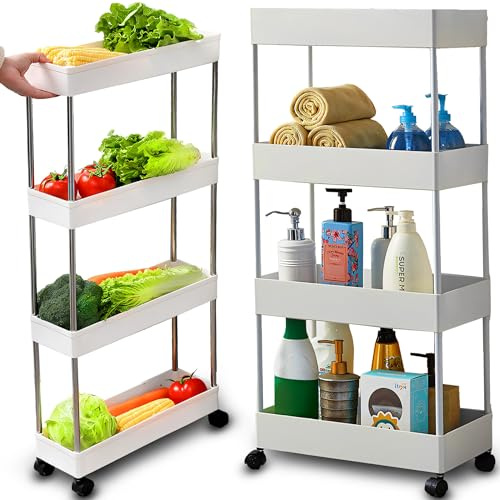 Retoo Rollwagen mit 4 Ebenen, Küchewagen auf Rollen, Nischenregal, Badregal, Aufbewahrungsregal, Regal für Küche, Badezimmer, Schlafzimmer, Büro, Kinderzimmer, 87 x 13 x 40 cm, Weiß