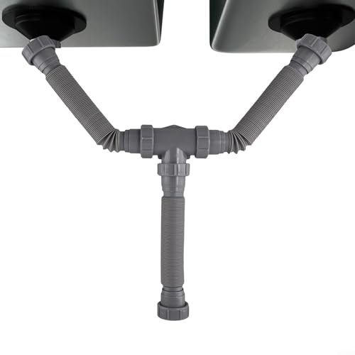 Kit di scarico doppio per lavello, sifone regolabile da 3,8 cm e 3,8 cm, tubo flessibile estensibile da 20 a 80 cm, in plastica grigia, set idraulico con adattatori