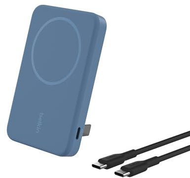 Belkin BoostCharge Pro kabellose Powerbank 5000mAh mit Qi2, MagSafe-kompatibles tragbares Ladegerät mit integriertem Ständer, magnetische powerbank für iPhone 16, iPhone 15, 14, 13, 12 usw. – Blau