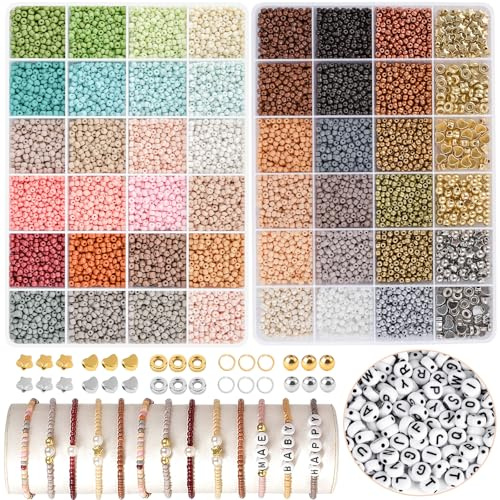 ARTREE Perlen für Armbänder,48 Farbe Bunte Morandi Glasperlen zum Auffädeln, Bastbeln Perlen zum Auffädeln mit Schwarze Buchstabenperlen Schmuckherstellung Kit für Ringen Halsketten Geschenk