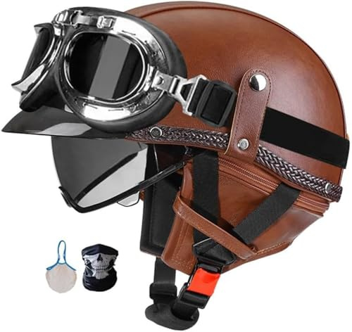 Casco Moto Vintage Semi-Aperto In ABS Casco Scodella Leggero Per Scooter/Cruiser, Omologato DOT/ECE Fodera In Traspirante, EPS Antishock, Fibbia Rapida Unisex 57-64Cm 1,M