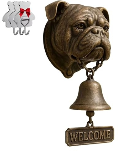 Willkommensglocke mit englischer Bulldogge, Retro, lustige Tier-Willkommens-Türklingel, Wandmontage, dekorative Gusseisen/Harz-Hänglocke, Bauernhaus-Wanddekoration und Einweihungsgeschenk (mit 3