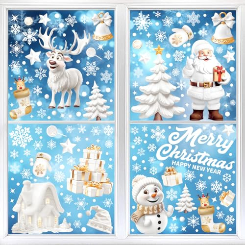 Detene Autocollants Fenêtre de Noël Blanc Réutilisable - 9 Feuilles (185 Pcs) Electrostatique PVC Amovible, Décoration Vitre Porte Intérieur DIY, Stickers Noël Flocon Bonhomme de Neige pour Cadeau