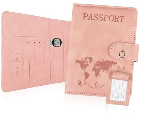 Gzxhsy Reisepasshülle und Kofferanhänger Set, Passport Cover mit Koffer Anhänger, Hülle Reisepass mit RFID-Blocker für Reisepass Kreditkarten Personalausweise Reisedokumente, Urlaub Gadget (Rosa)