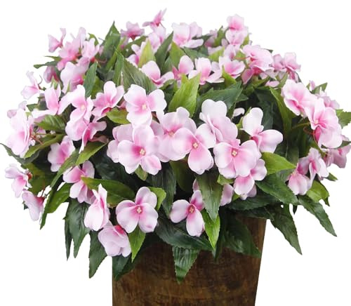 wdsilkbo 8 Pcs Artificial Azalea Flowers Outdoor Silk Fake Impatiens Bushes UV Resistant Flowers for Cemetery Patio Garden Porch Hanging Basket Decoration (Pink)