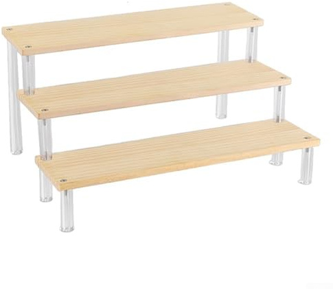 Jotekonoby Holzleiter mit Acrylregalen für Organisation und Aufbewahrung, mehrschichtiger Ständer für Sammlerstücke, Kosmetika (3-lagig, 20 cm)